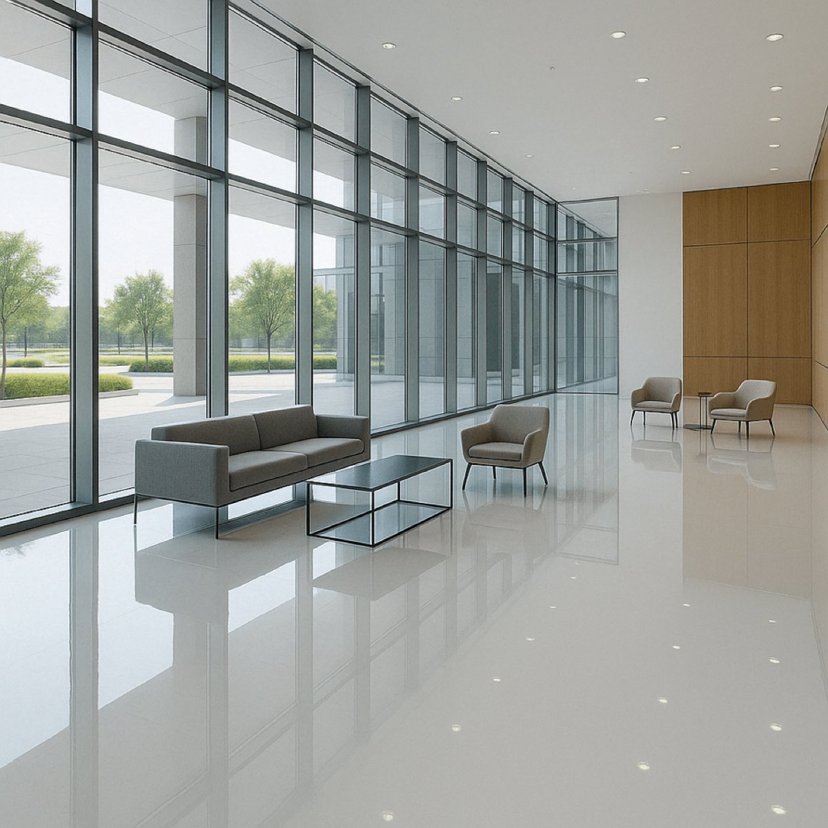 Hall d'accueil commercial au plancher époxy blanc lustré, mur vitré et fauteuils
